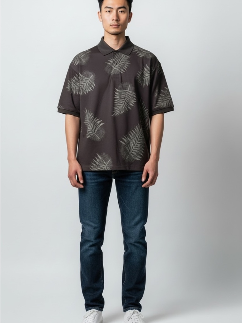 Men’s Diamond Headwear Black Polo Top With Gray Leaf Print size XL